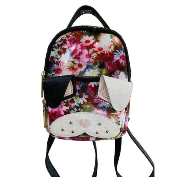 Betsey Johnson Kitsch Mini Floral Patent Backpack French Bull Dog - Picture 1 of 16
